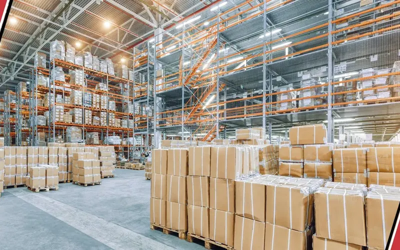 Large warehouse interior with stacked pallets for Tolleson plumbing homepage